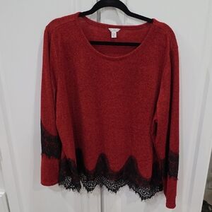 Elegant Red Sweater with Black Lace Trim